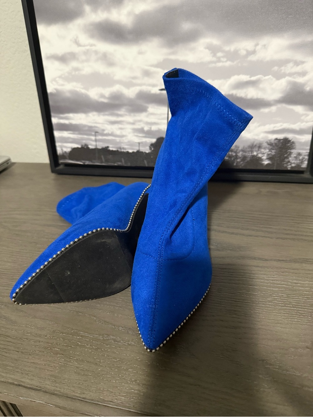 Blue Suede Pointed-Toe Sock Boots - Women's Fashion Booties - Picture 1 of 1